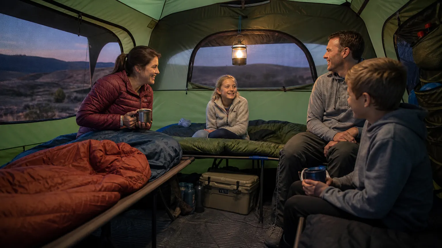 Two kids reading inside a lit cabin tent at dusk with a lantern hanging from the center loop