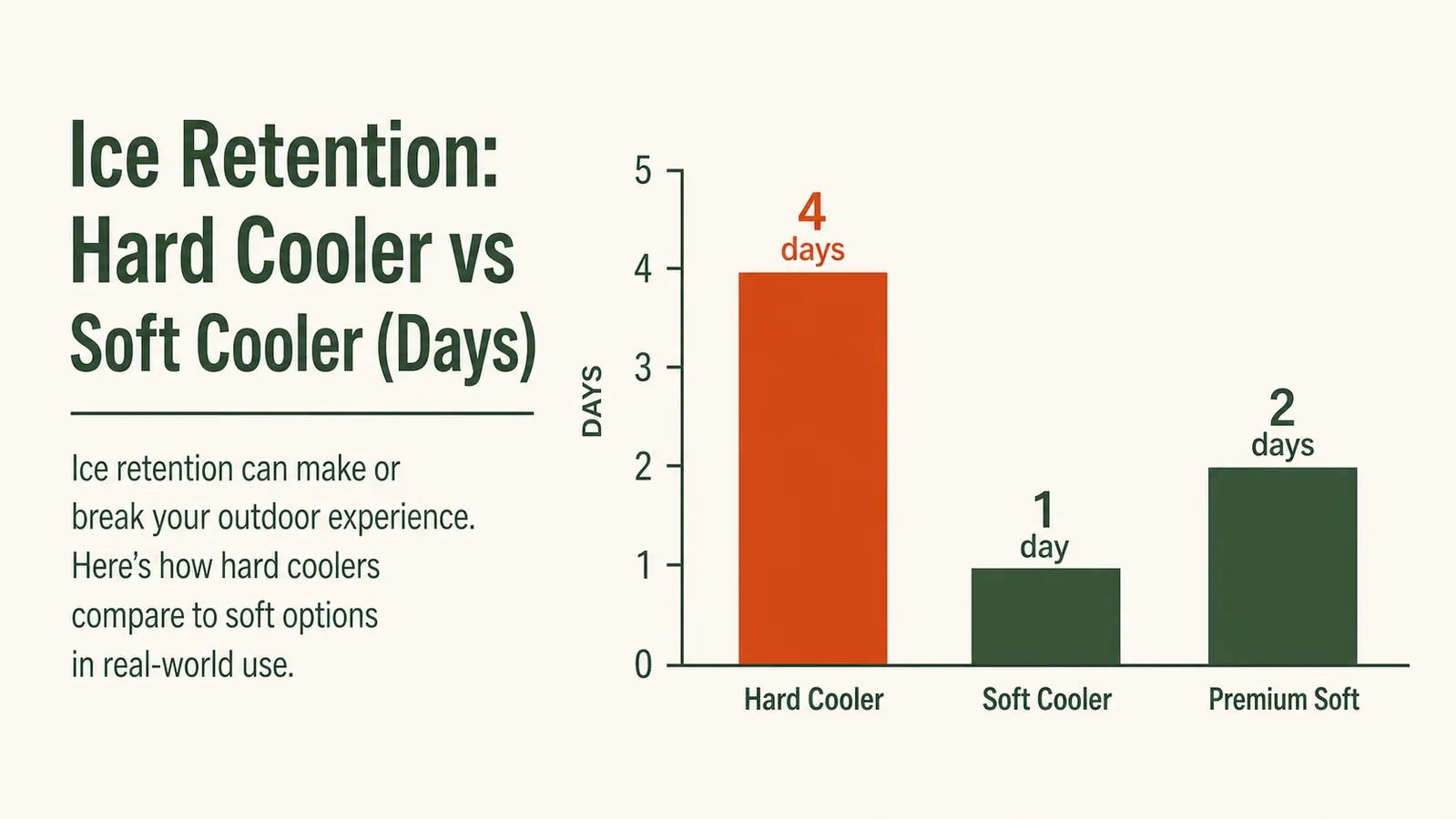Side-by-side comparison chart showing ice retention for hard cooler versus soft cooler over 5 days