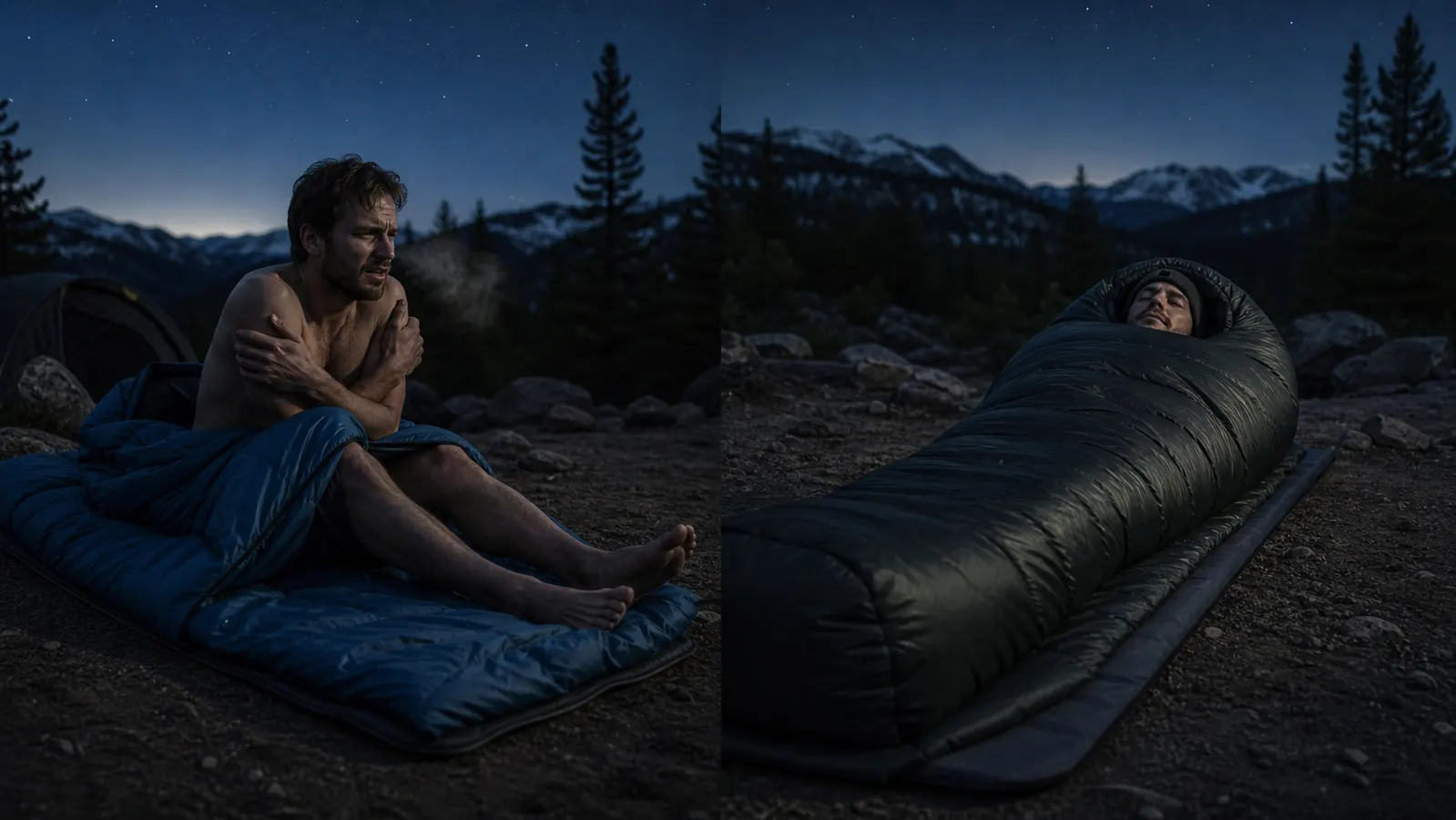 Packed mummy sleeping bag in its compression stuff sack next to a bulky rectangular sleeping bag rolled out on a car trunk