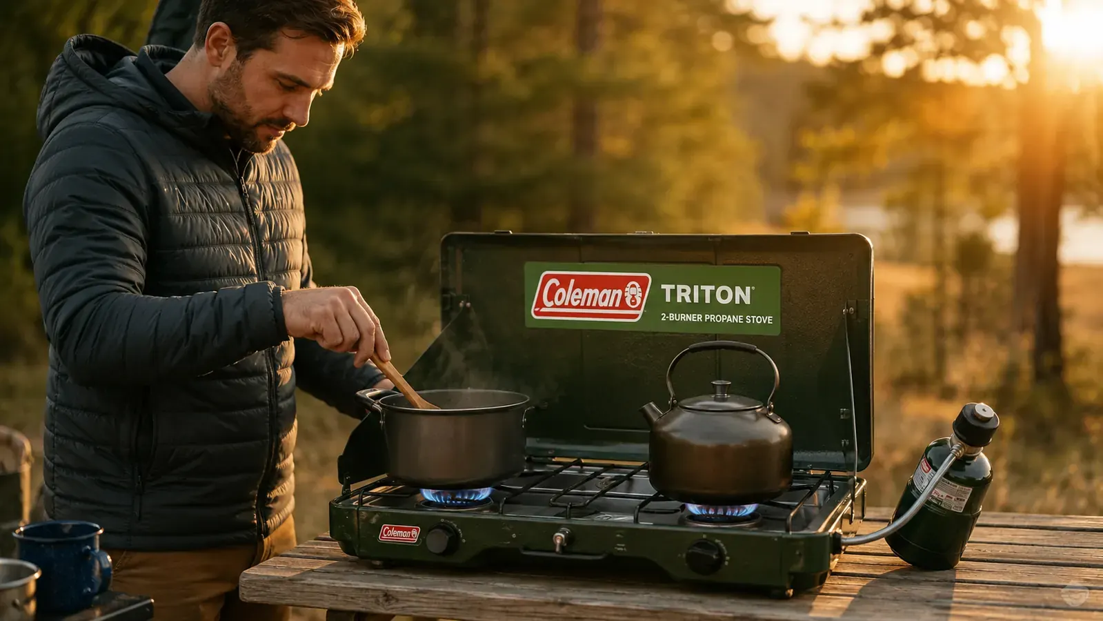 Coleman Triton two-burner stove packed in its folded case next to a camp bag and cooler in the back of a truck bed
