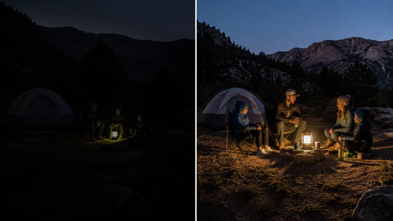 Family of four sitting around a picnic table lit by a single camping lantern, cards on the table, relaxed evening