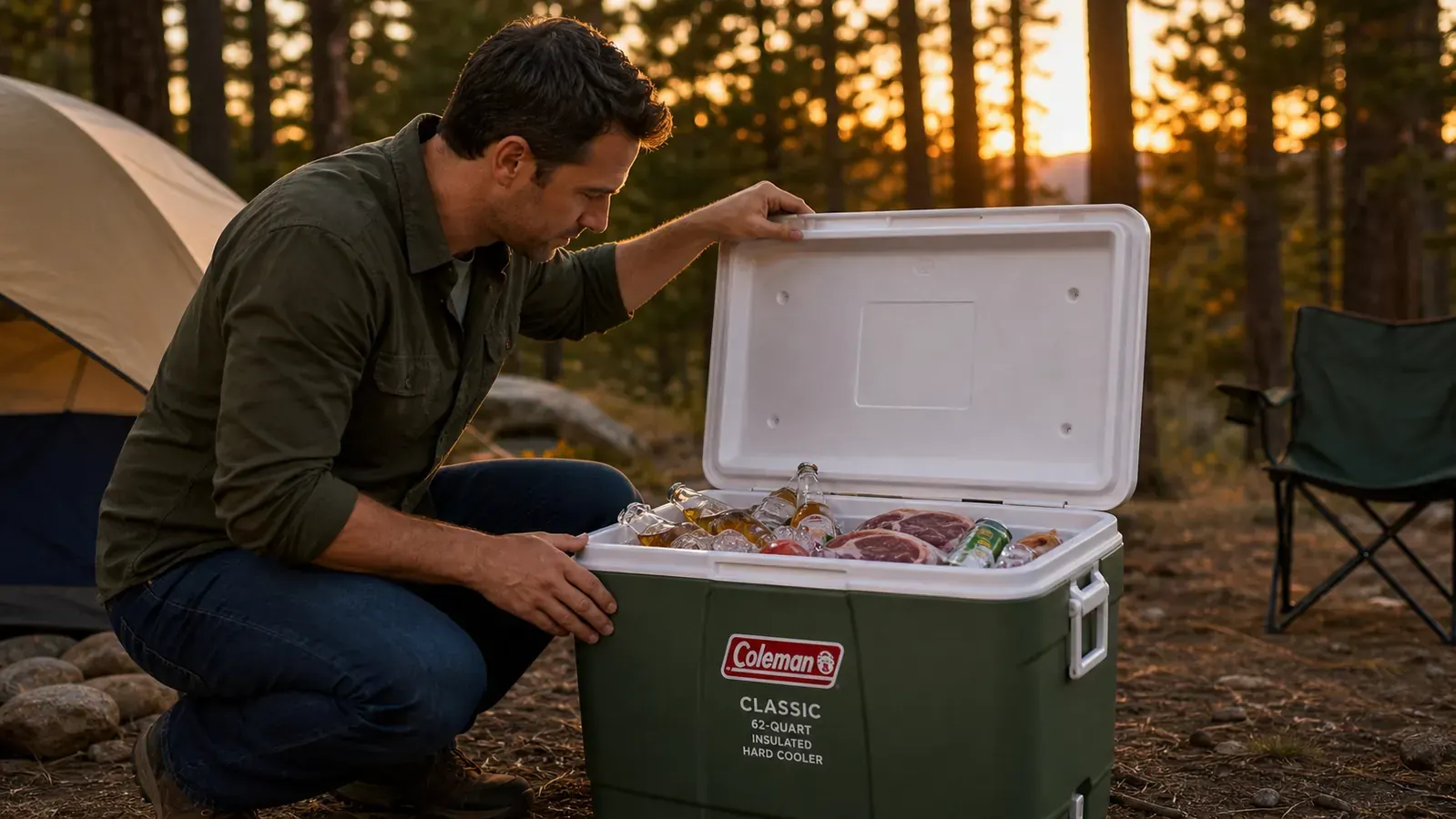 Hand opening the Coleman Classic cooler drain plug to release meltwater, cooler sitting on dirt at a campsite