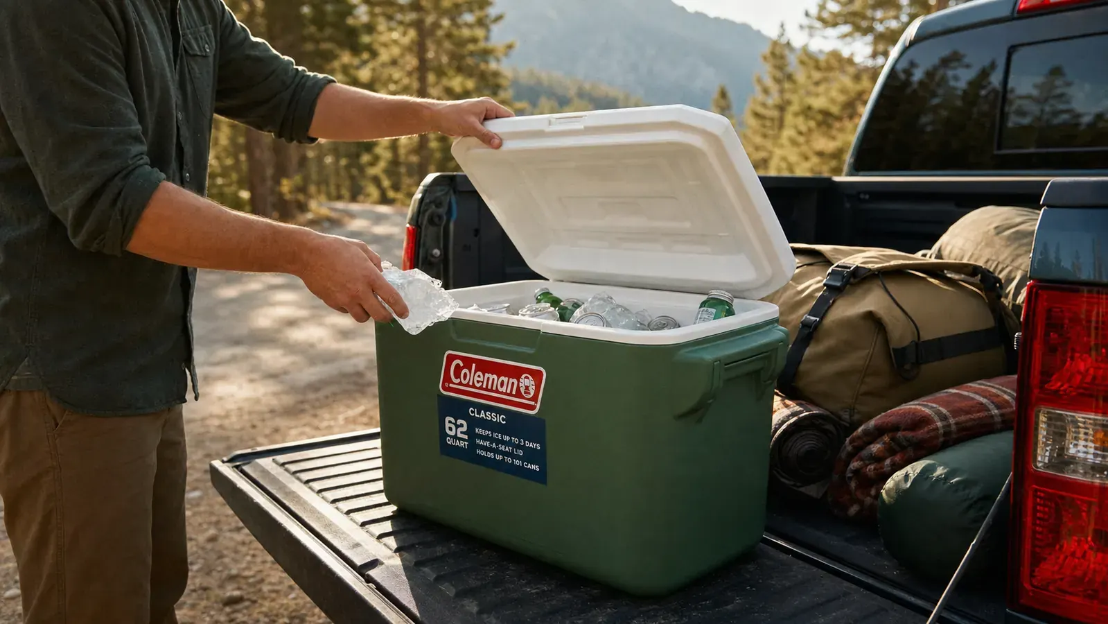 Coleman Classic 62qt cooler packed with beer cans, block ice on top, food in lower layer, lid slightly ajar