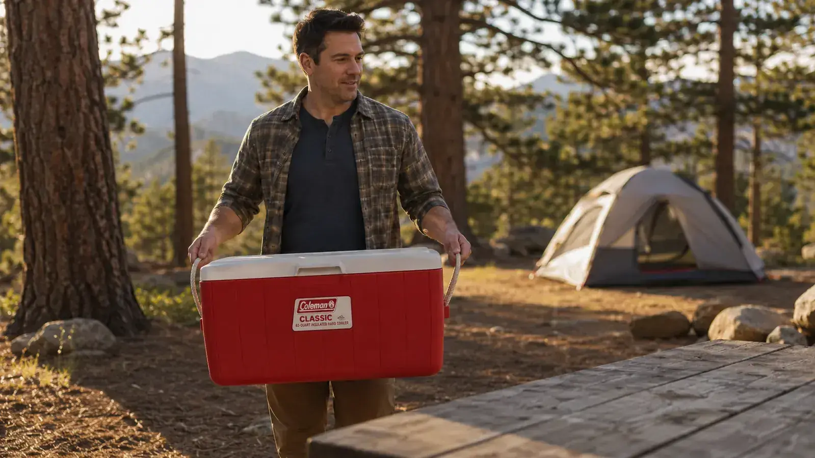 Hand opening the lid of a Coleman Classic cooler packed with food, drinks, and ice bags at a campsite