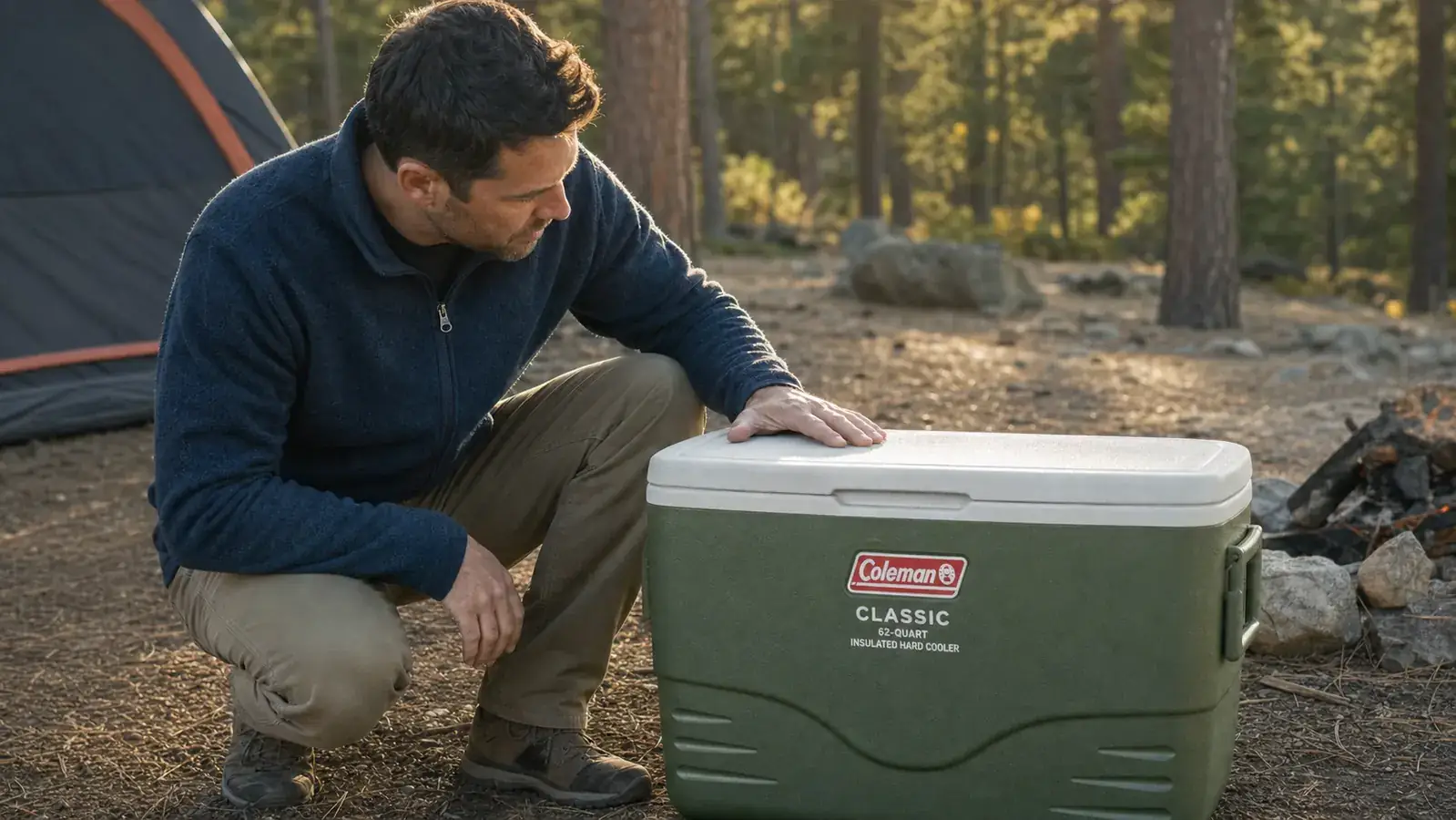 Hand lifting the lid of a Coleman Classic cooler to reveal ice and food still packed inside after multiple days