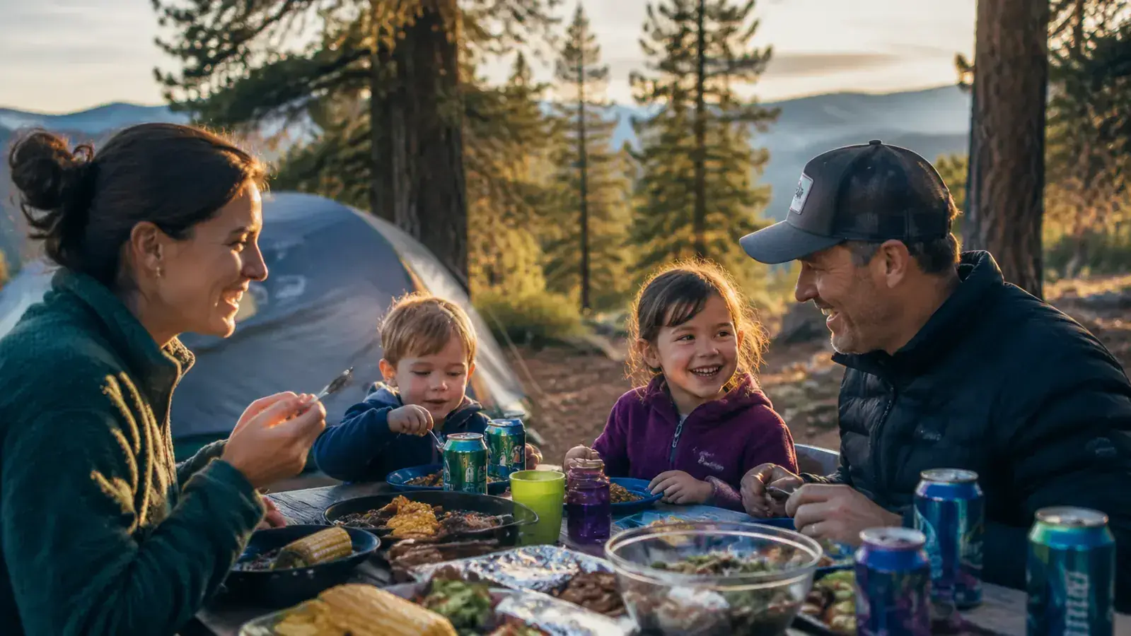 Two campers sitting at a picnic table eating steaks grilled at a campsite with a cooler visible in the foreground