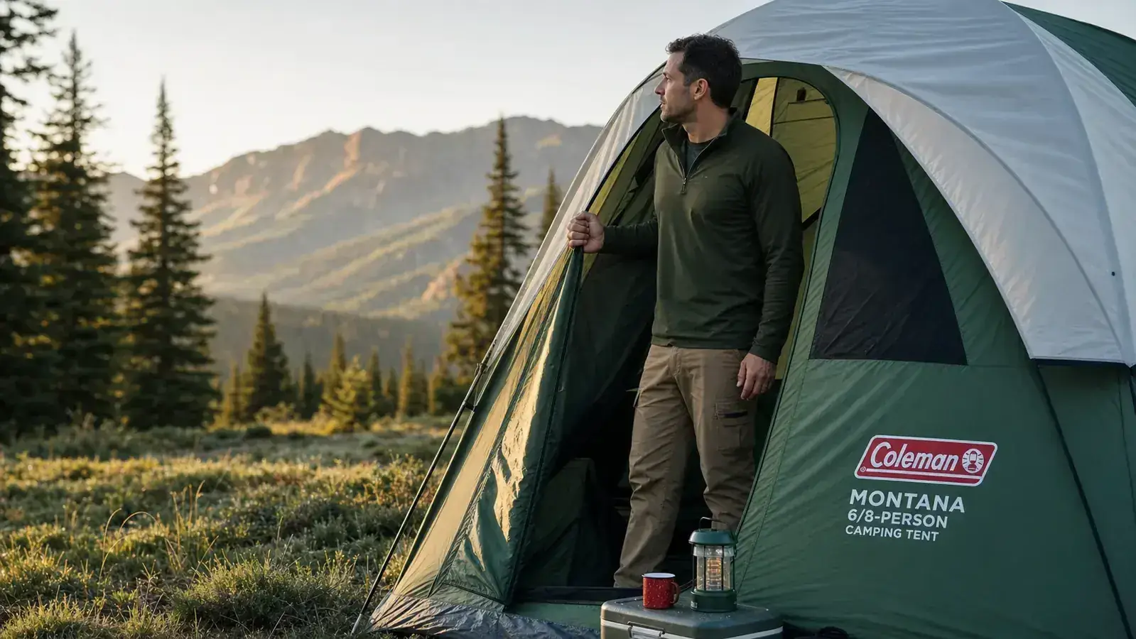 Coleman Montana 8-person tent with rainfly fully deployed during a rainstorm at a campsite