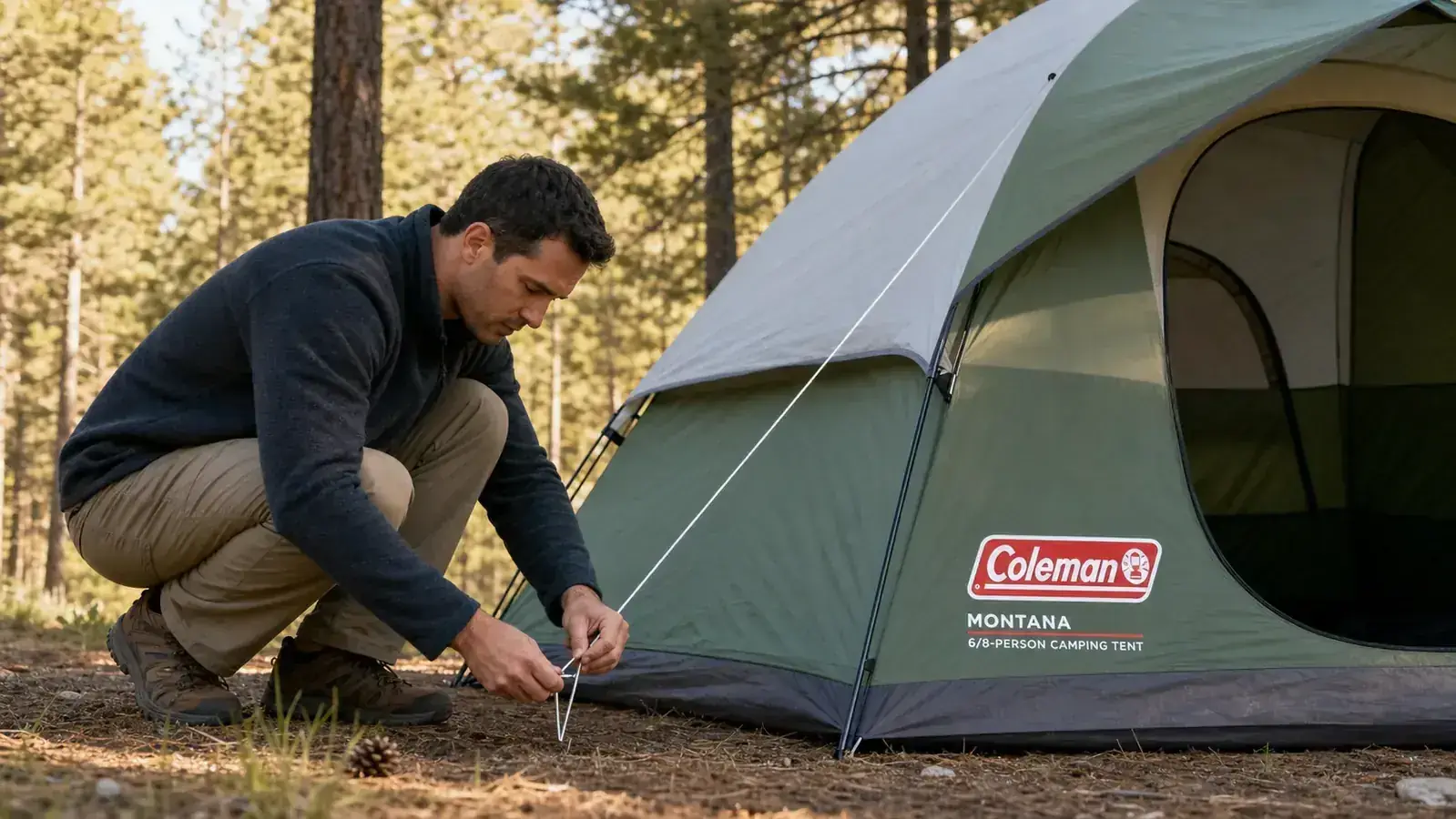 Close-up of a hand pulling a tent stake into rocky soil with the Coleman Montana tent fabric visible