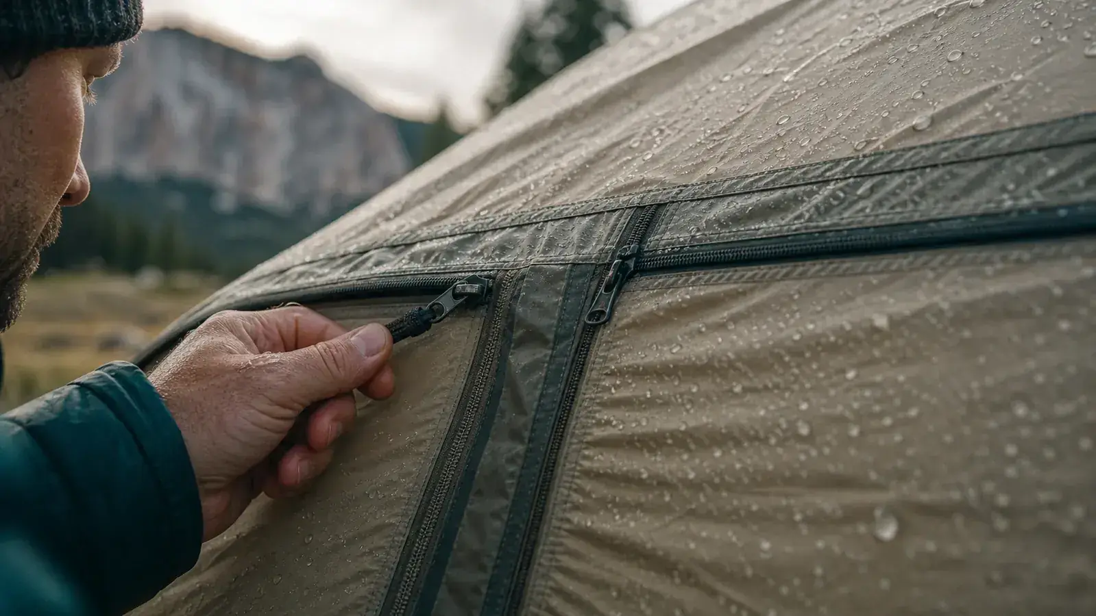 Interior view of Coleman Montana tent showing the center divider hung across the middle and gear organized on both sides