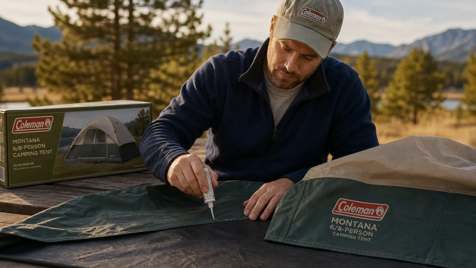 Close-up of water beading off the Coleman Montana rainfly during light rain at a campsite