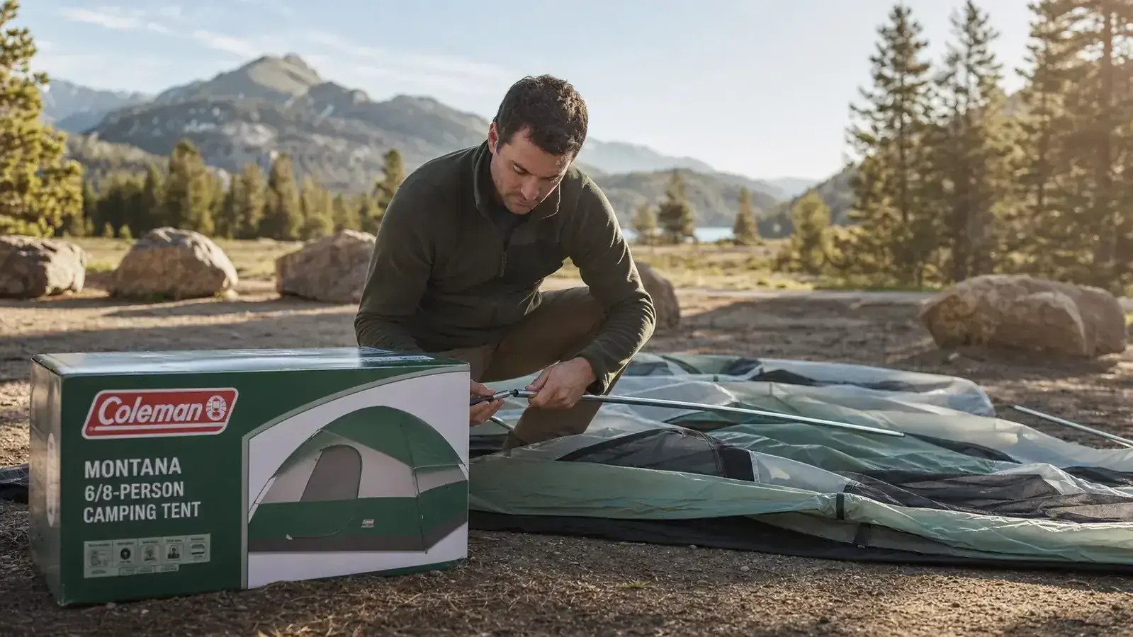 Person connecting color-coded tent poles on the Coleman Montana during setup