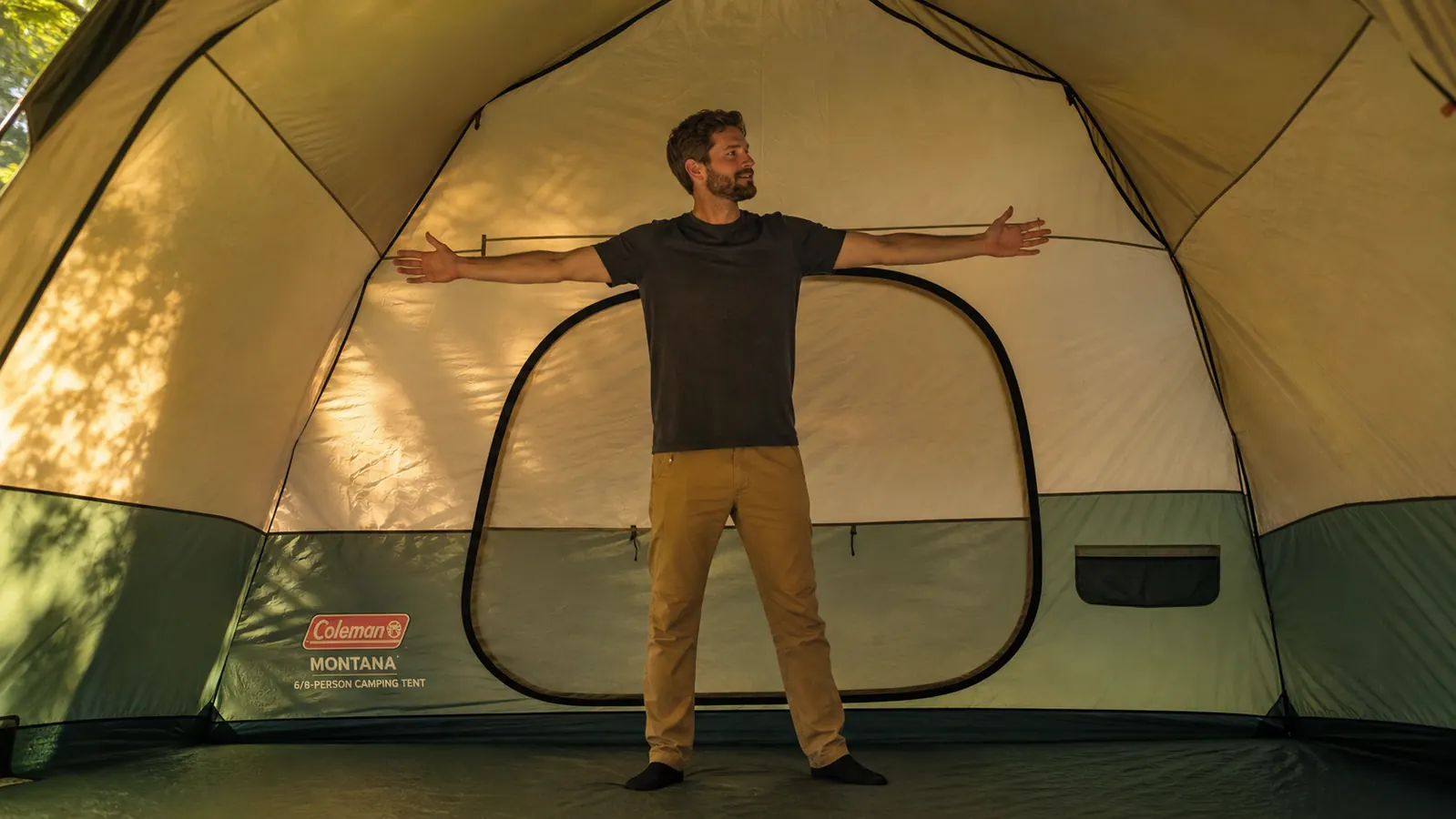 Interior of the Coleman Montana tent showing standing room, two separate rooms, and gear storage