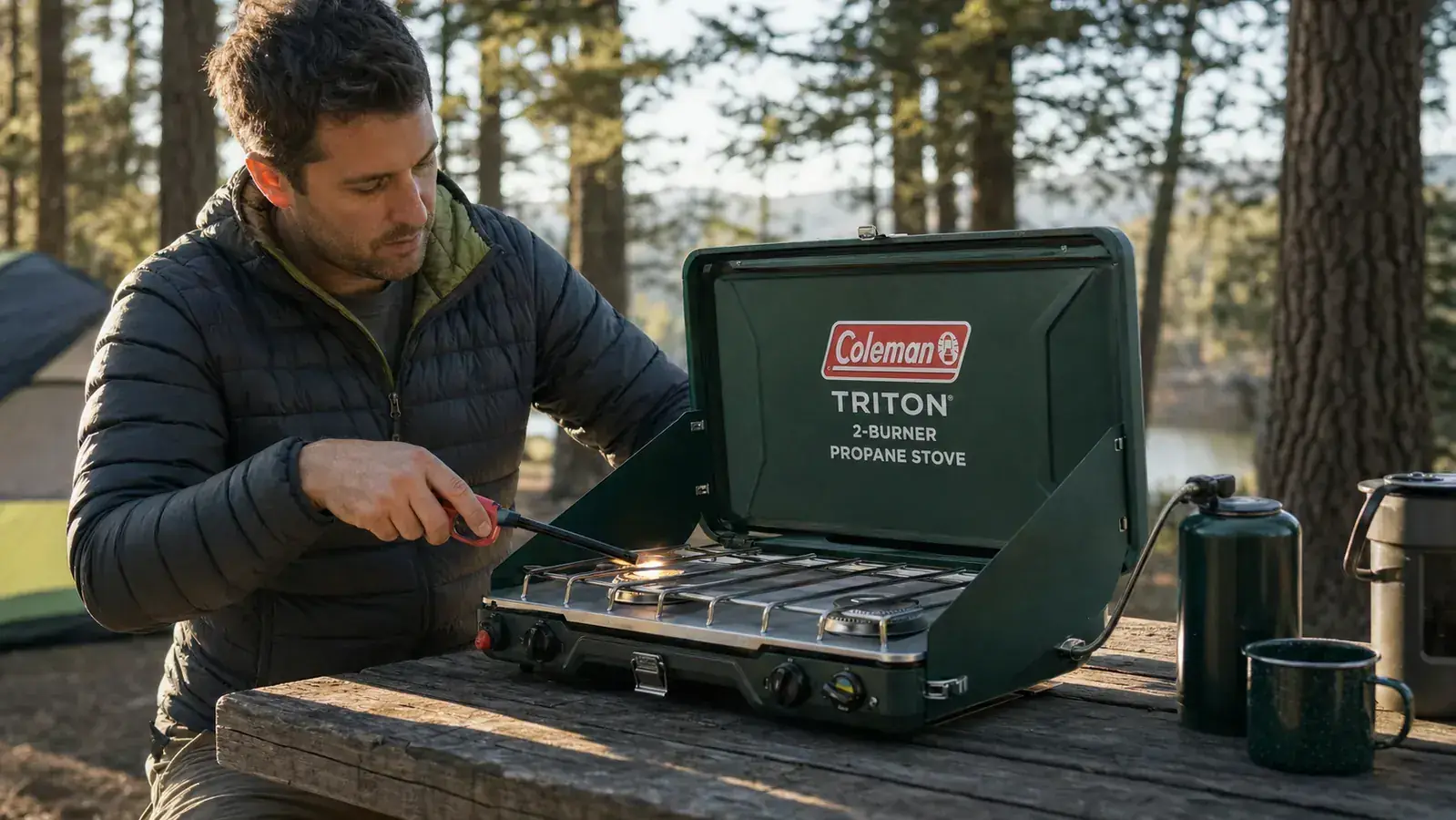 Coleman Triton 2-burner stove set up on a camp table with a skillet and spatula ready for breakfast