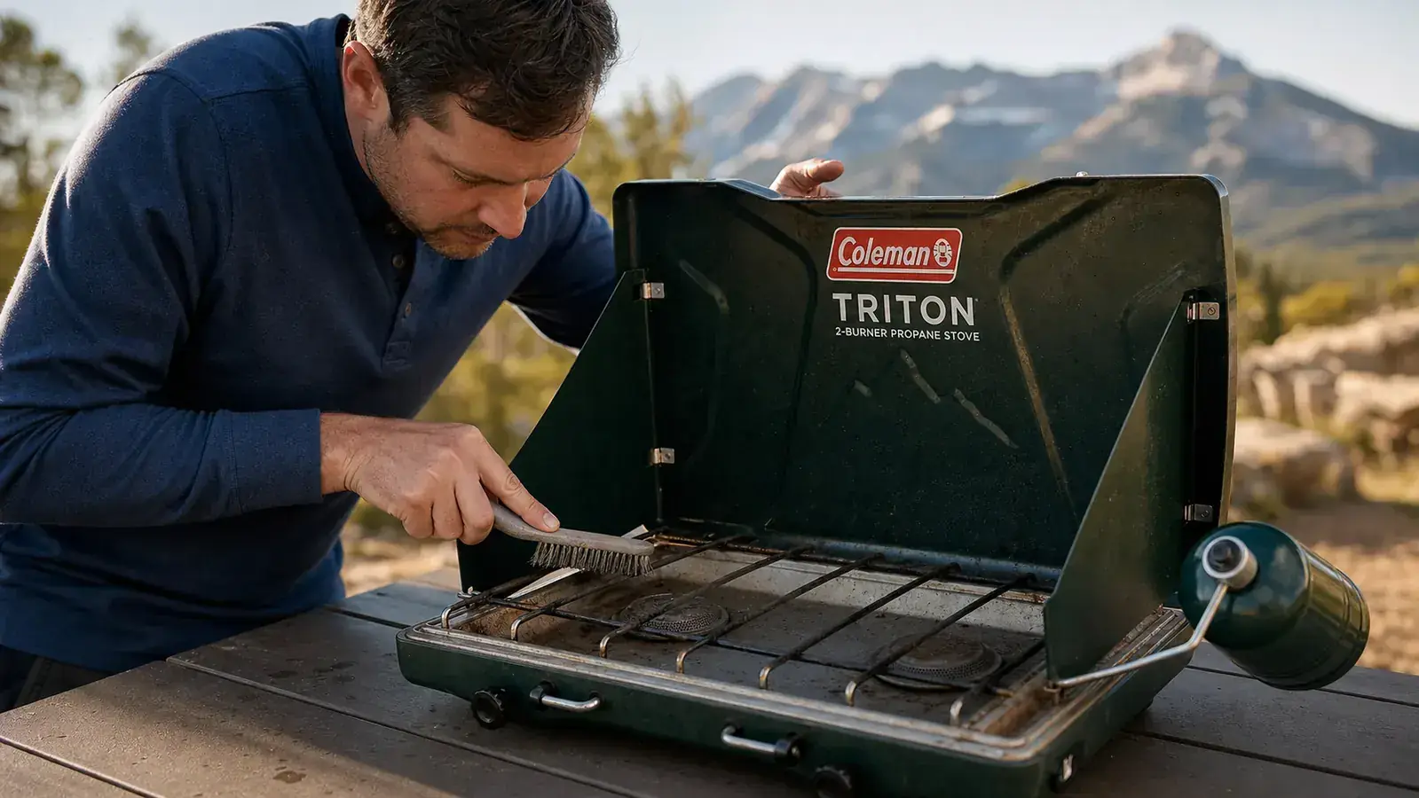 Close-up of hands adjusting the flame knob on the Coleman Triton stove with a stainless skillet heating on the burner