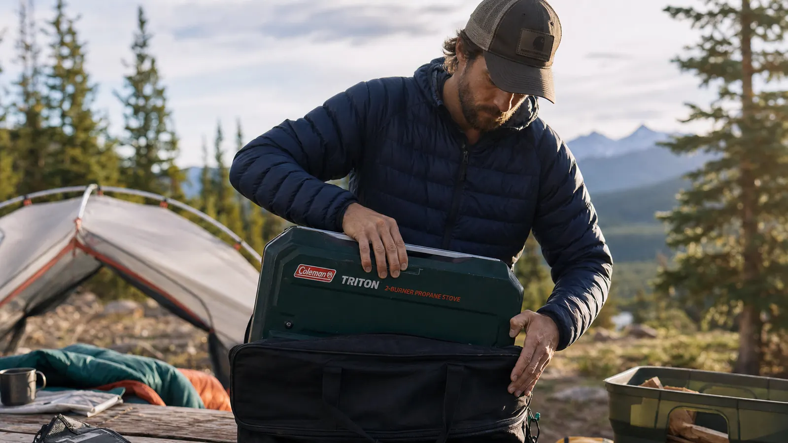 Coleman Triton stove folded flat and packed into a nylon carry bag next to a packed camp kitchen box in a truck bed
