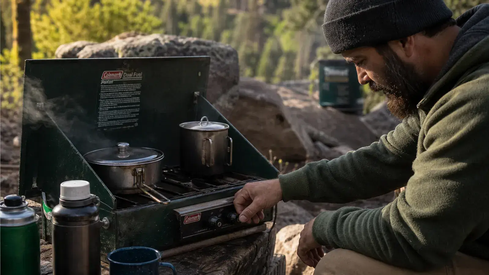 Full camp breakfast spread cooking simultaneously on both burners of the Coleman Triton stove outdoors