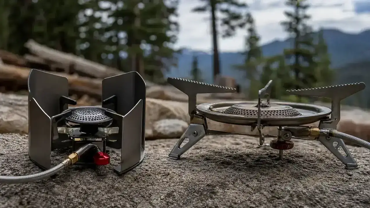 Camper's hand adjusting the flame control knob on the Coleman Triton stove at dusk with a mountain ridgeline in the background