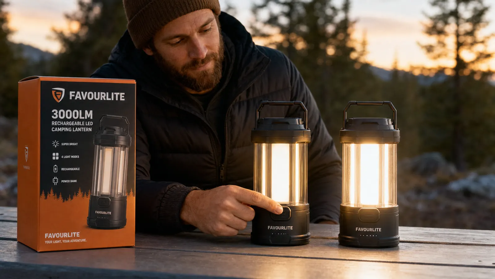 Favourlite lantern hanging from a tent ridgeline, illuminating interior of a tent at night
