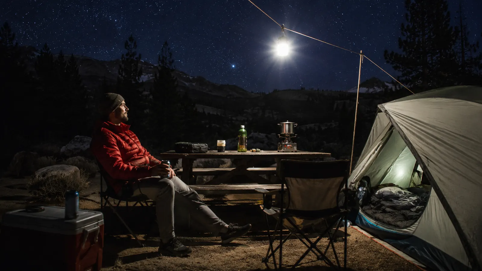 Camper using the Favourlite lantern as a phone charger at night, phone plugged in via USB-A cable