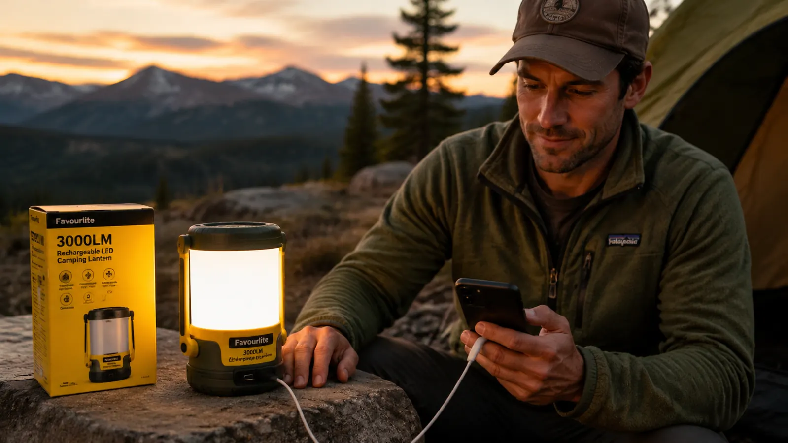 Close-up of the Favourlite USB-C port charging a smartphone in a camp setting, battery indicator light visible