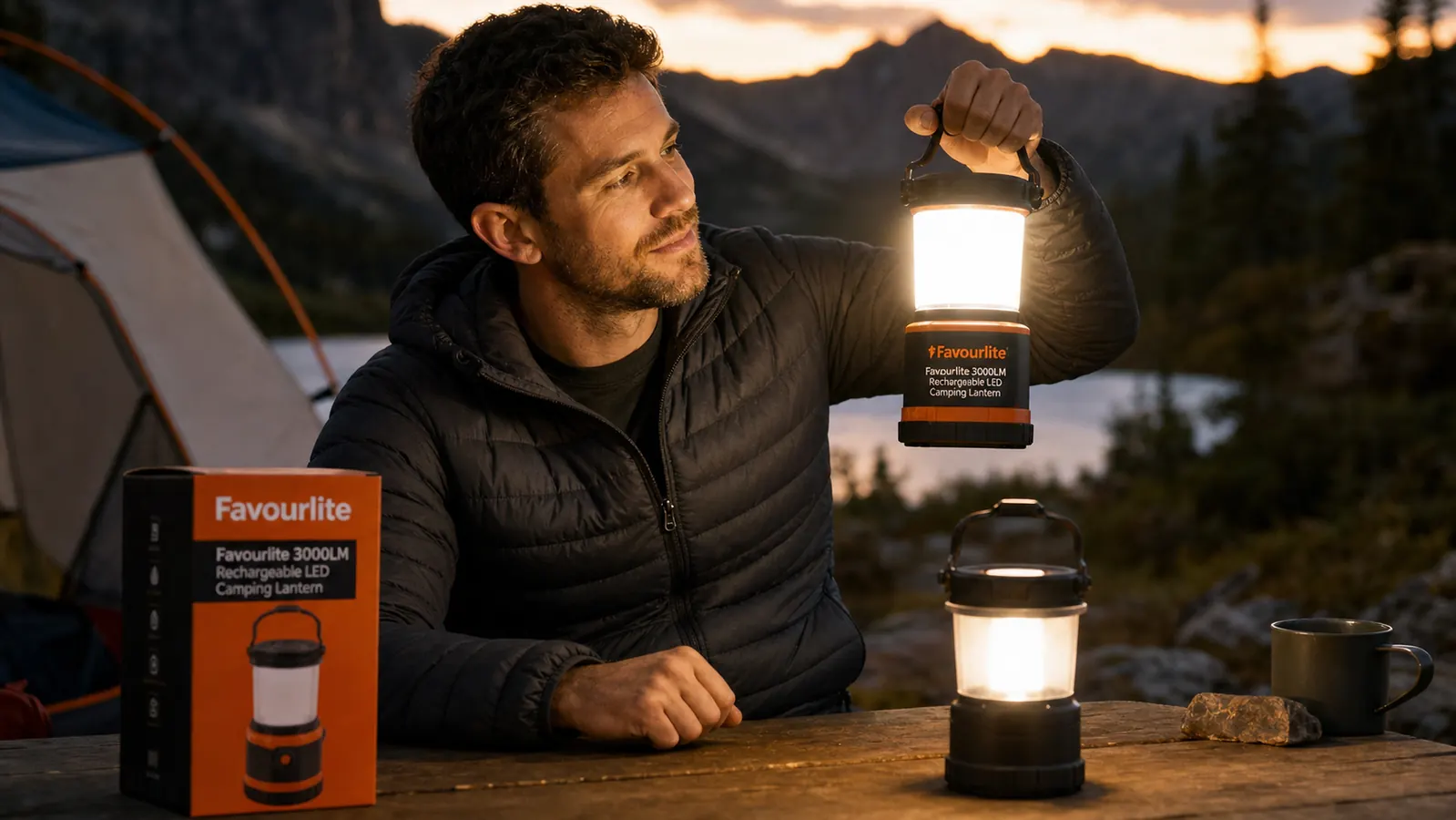 Favourlite rechargeable lantern glowing in a tent at night, illuminating the interior fully