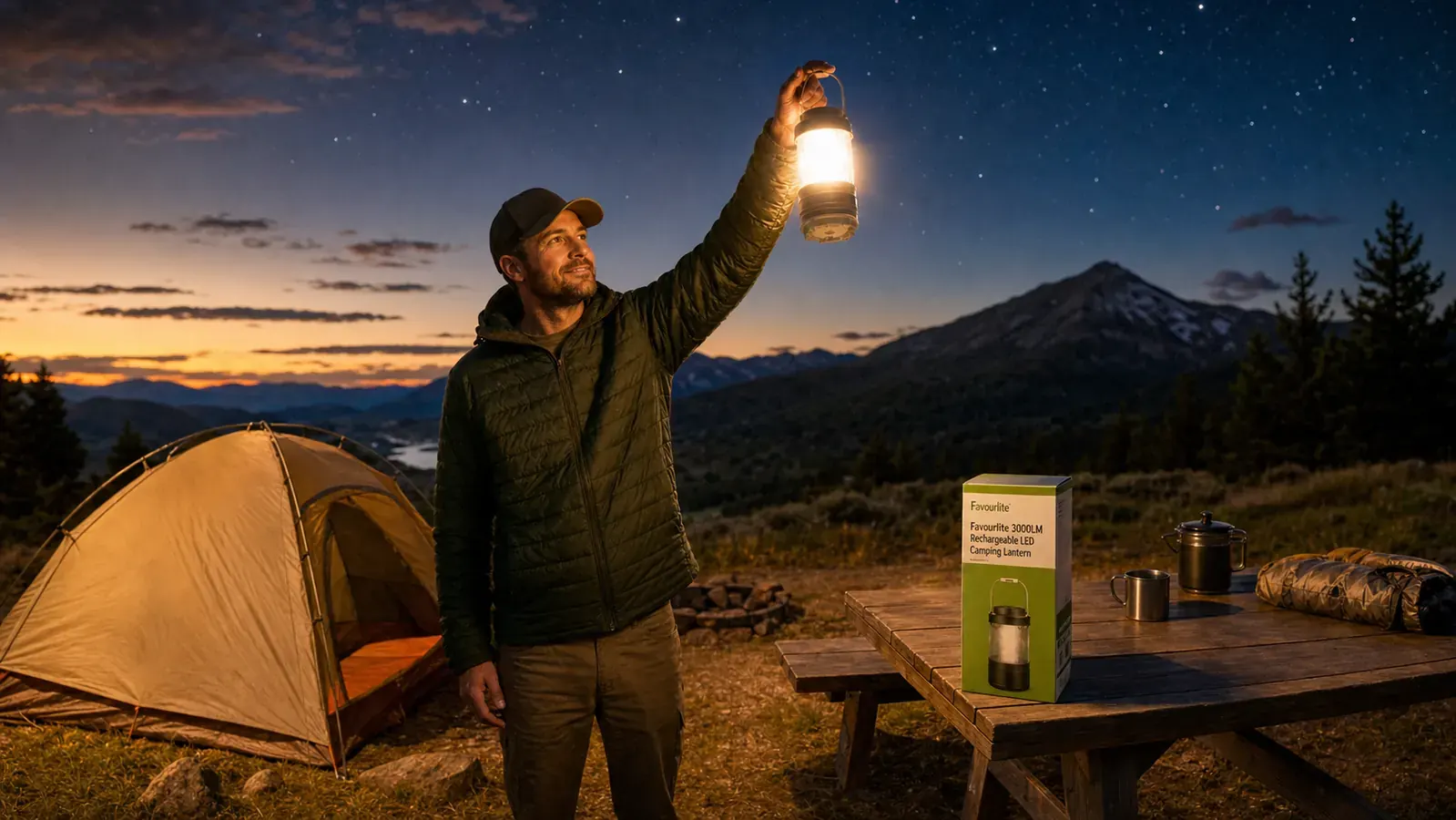 Hand holding a rechargeable lantern and plugging a USB-C cable into it at a campsite