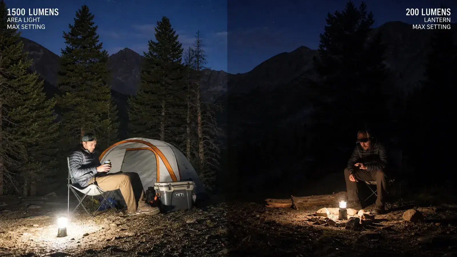 Camper reading a book in a tent lit by a small lantern, comfortable and well-illuminated