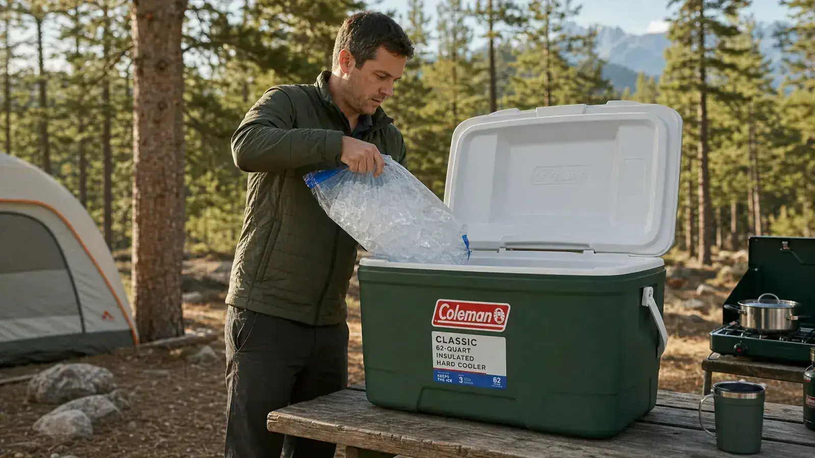 Hands pre-chilling a Coleman Classic cooler by filling it with ice the night before a camping trip