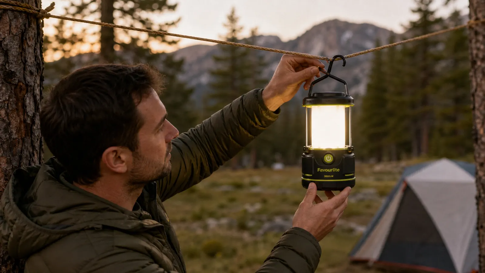 Hand placing a Favourlite rechargeable lantern on a picnic table at a campsite