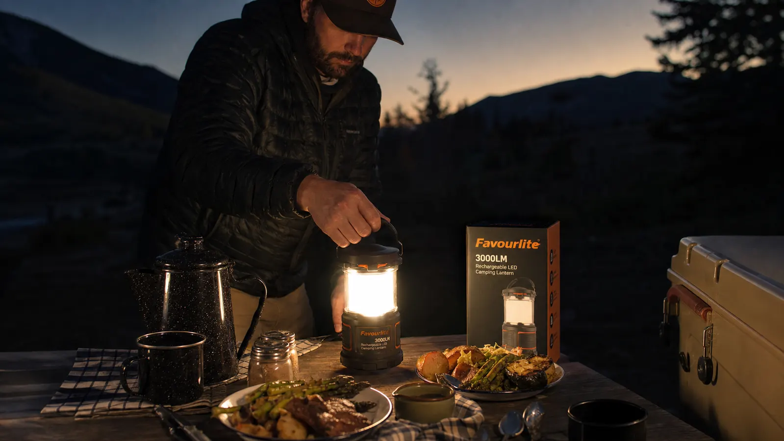 USB-C cable plugged into the side of a rechargeable camping lantern to charge a phone