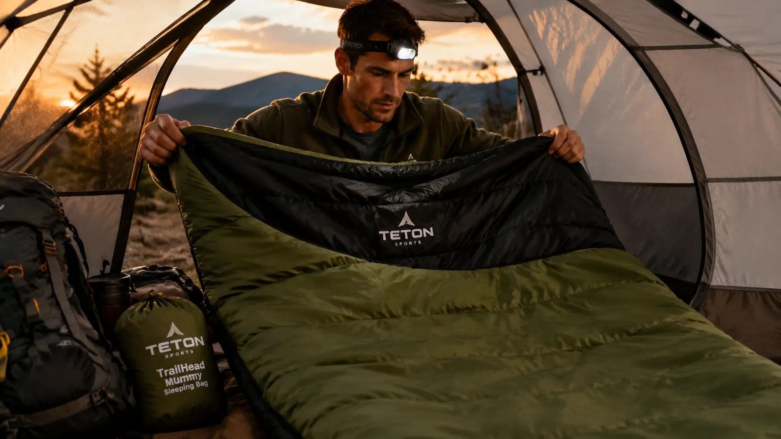TETON Sports TrailHead mummy sleeping bag unrolled next to a camping pad inside a tent