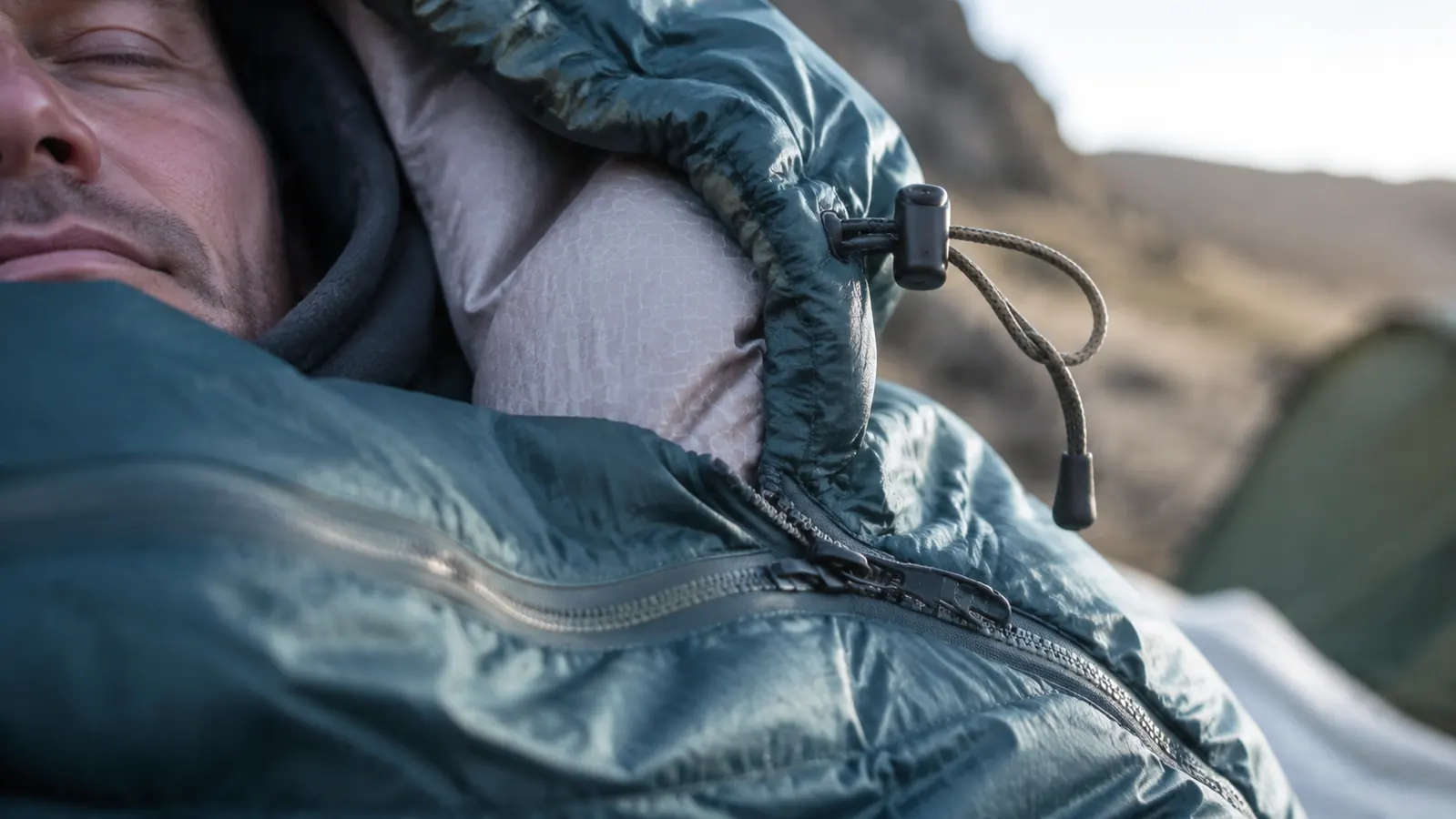 Person climbing out of a mummy sleeping bag at sunrise at a mountain campsite