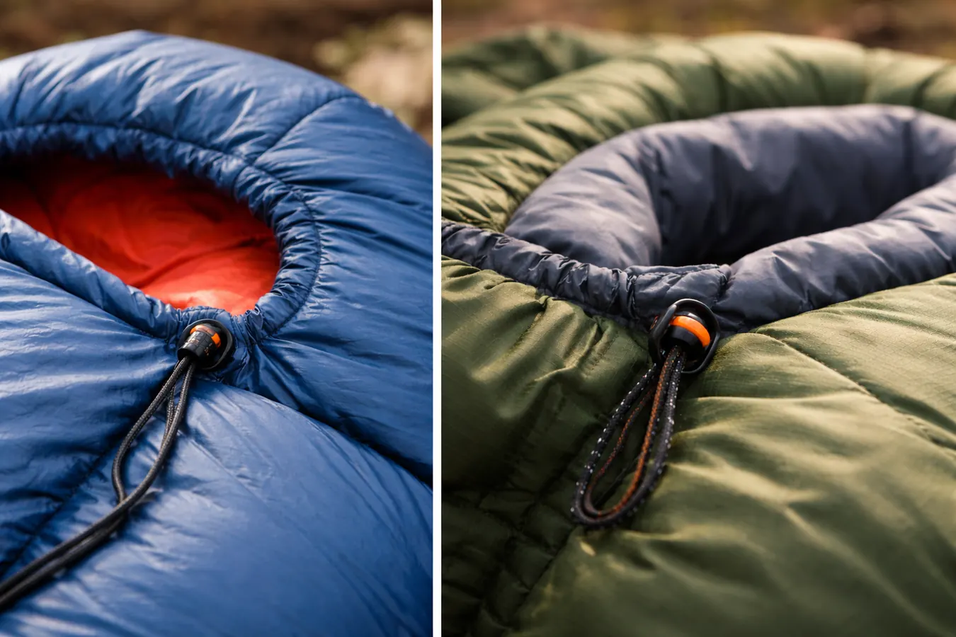 Camper cinching the hood of a mummy sleeping bag in a cold mountain campsite at night