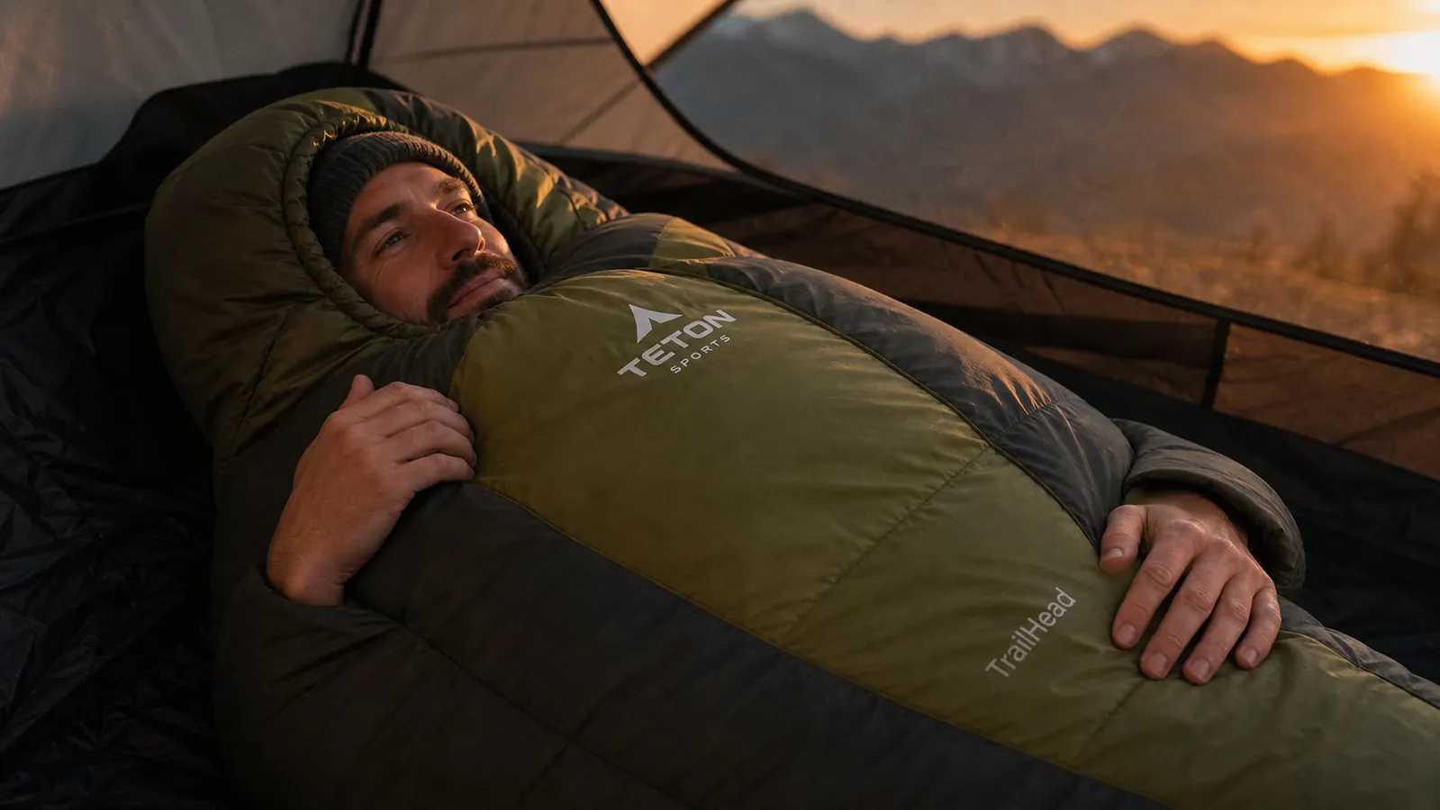 TETON Sports TrailHead sleeping bag compressed into its stuff sack next to a daypack